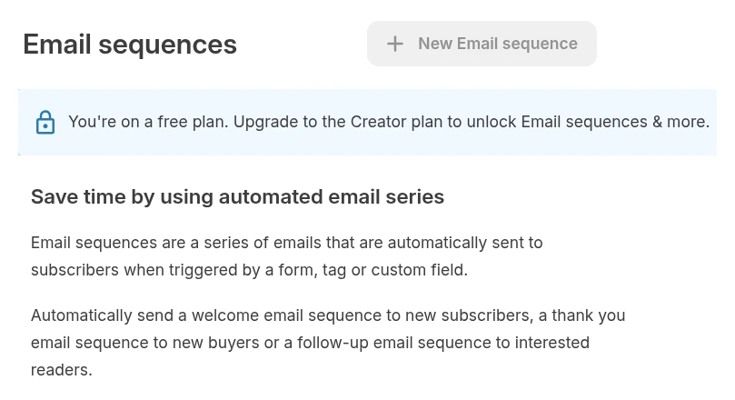 Kit Email sequences page with a greyed-out New Email sequence button and a banner: You're on a free plan. Upgrade to the Creator plan to unlock Email sequences and more.