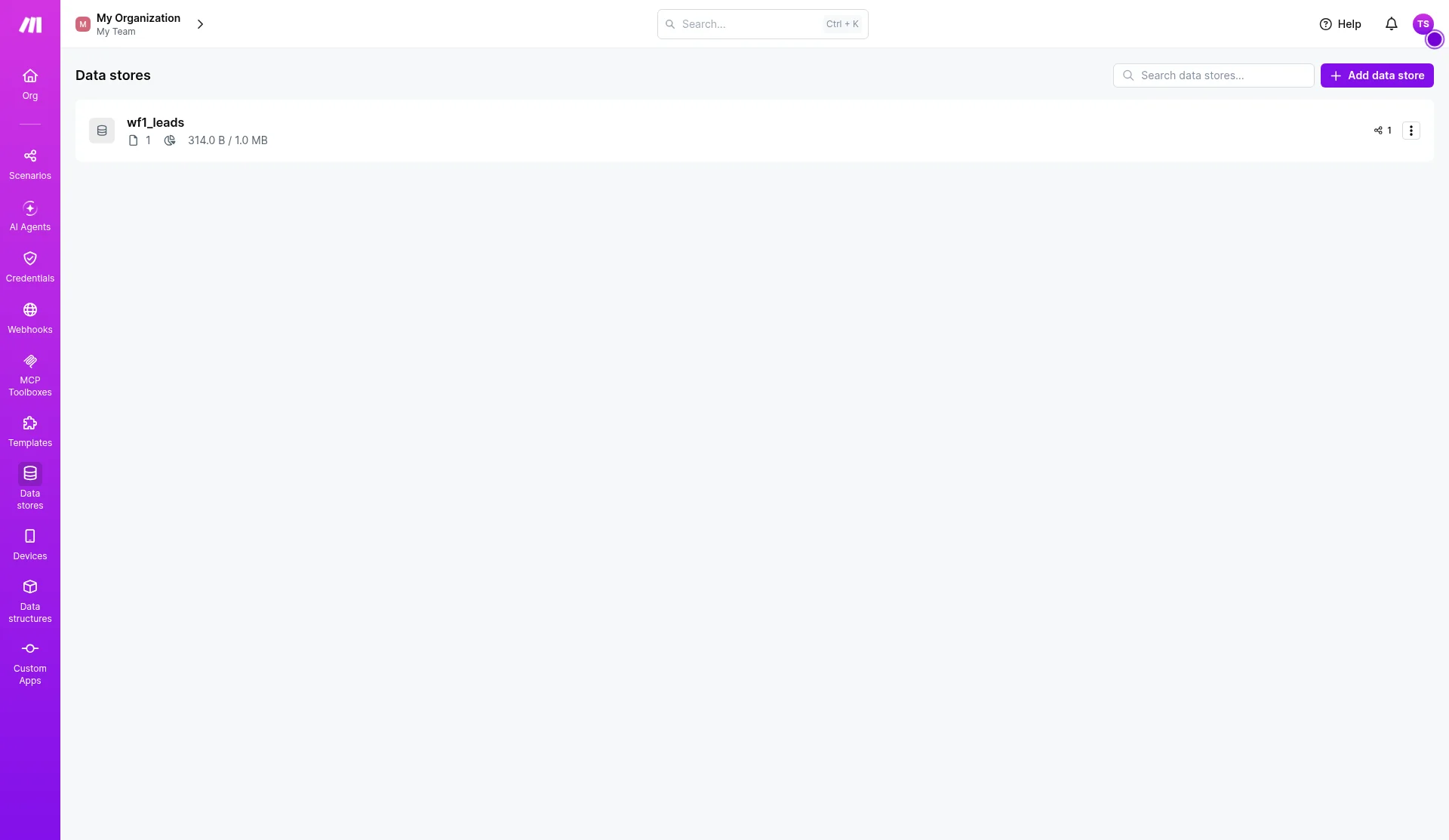 Make Data stores page listing a single store, wf1_leads, 314 bytes of 1.0 MB