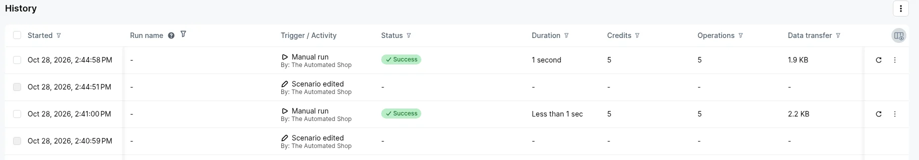 Make scenario history: manual runs on Oct 28, 2026 at 2:44:58 PM and 2:41:00 PM, both Success, 5 credits, 5 operations, durations 1 second and less than 1 second