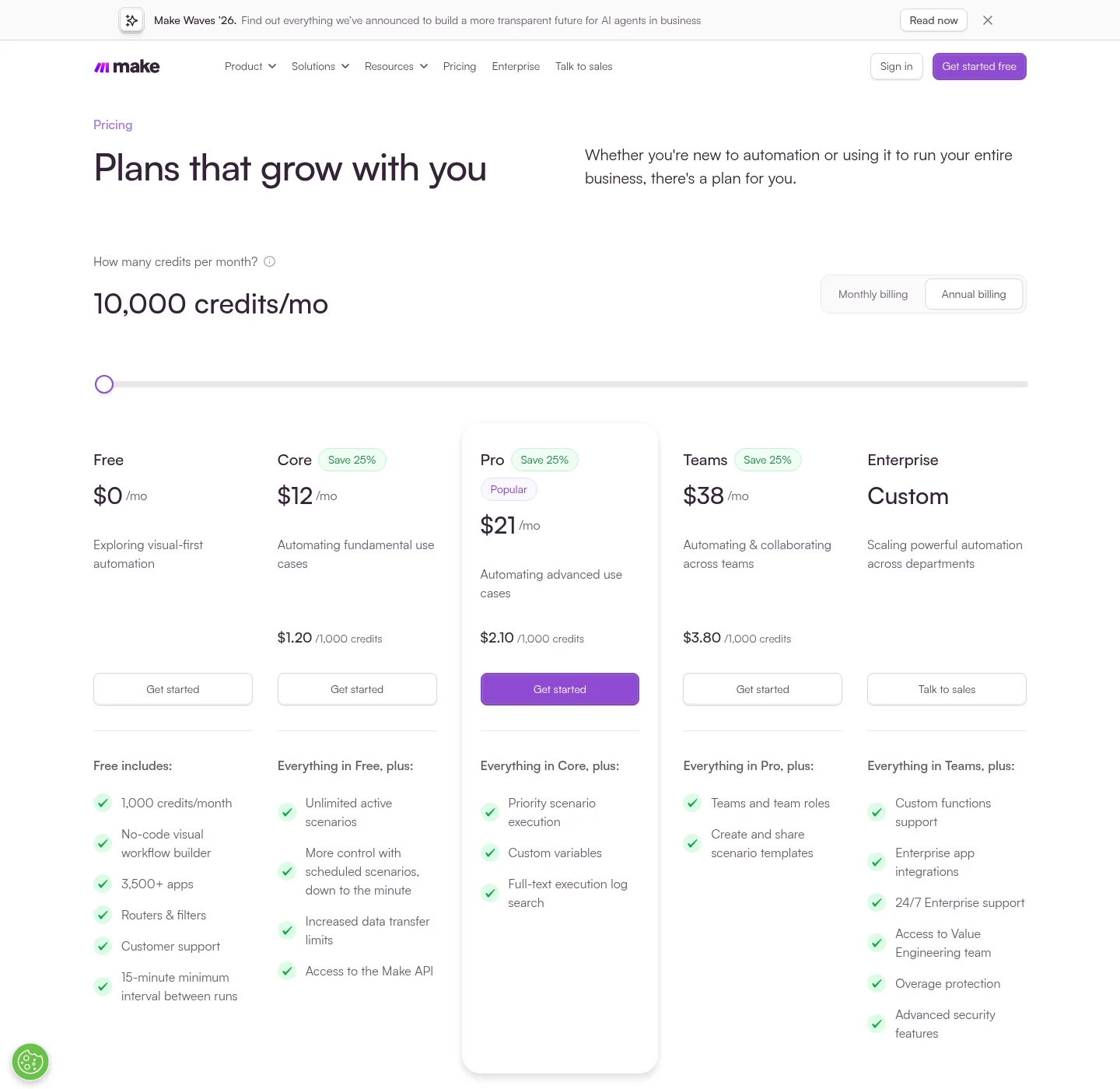 Make pricing page at 10,000 credits a month on annual billing: Free $0, Core $12, Pro $21, Teams $38, Enterprise custom