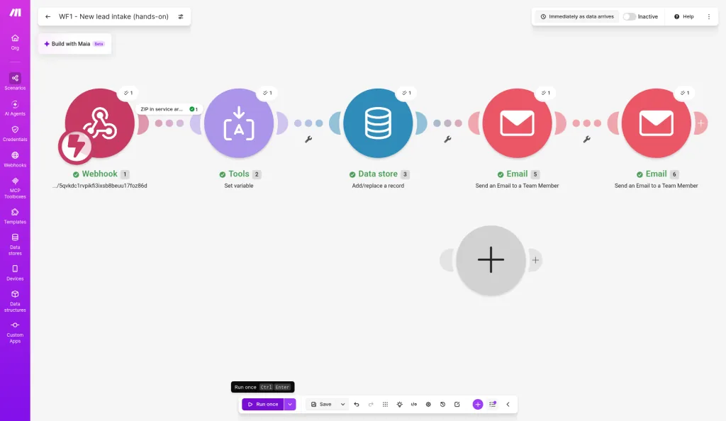 Make scenario canvas for Workflow 1: webhook, ZIP filter, set variable, data store, and two email modules, each with a green check after the test run