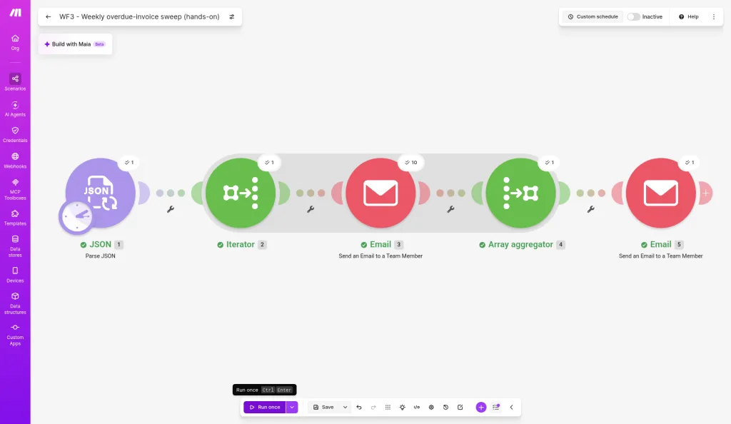 Make scenario canvas for Workflow 3: Parse JSON, Iterator, reminder Email, Array aggregator, and summary Email modules, all with green checks, scenario Inactive