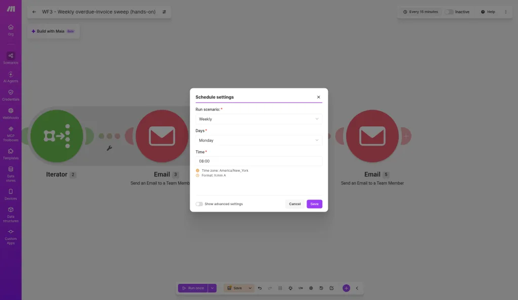 Make schedule dialog set to Weekly, Monday, 08:00, with the time zone shown as America/New_York