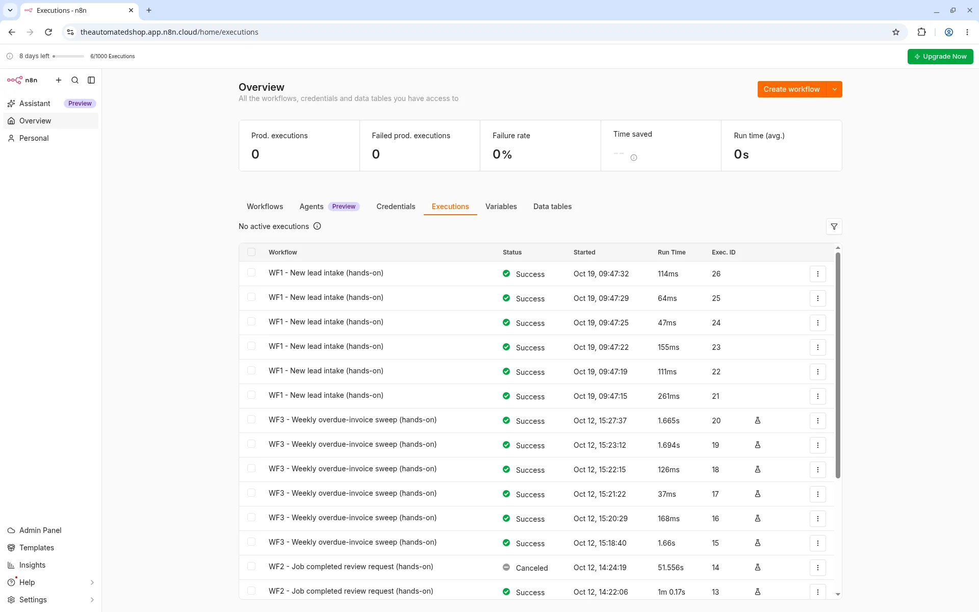 n8n executions list showing six new succeeded runs of the new-lead workflow, IDs 21 to 26