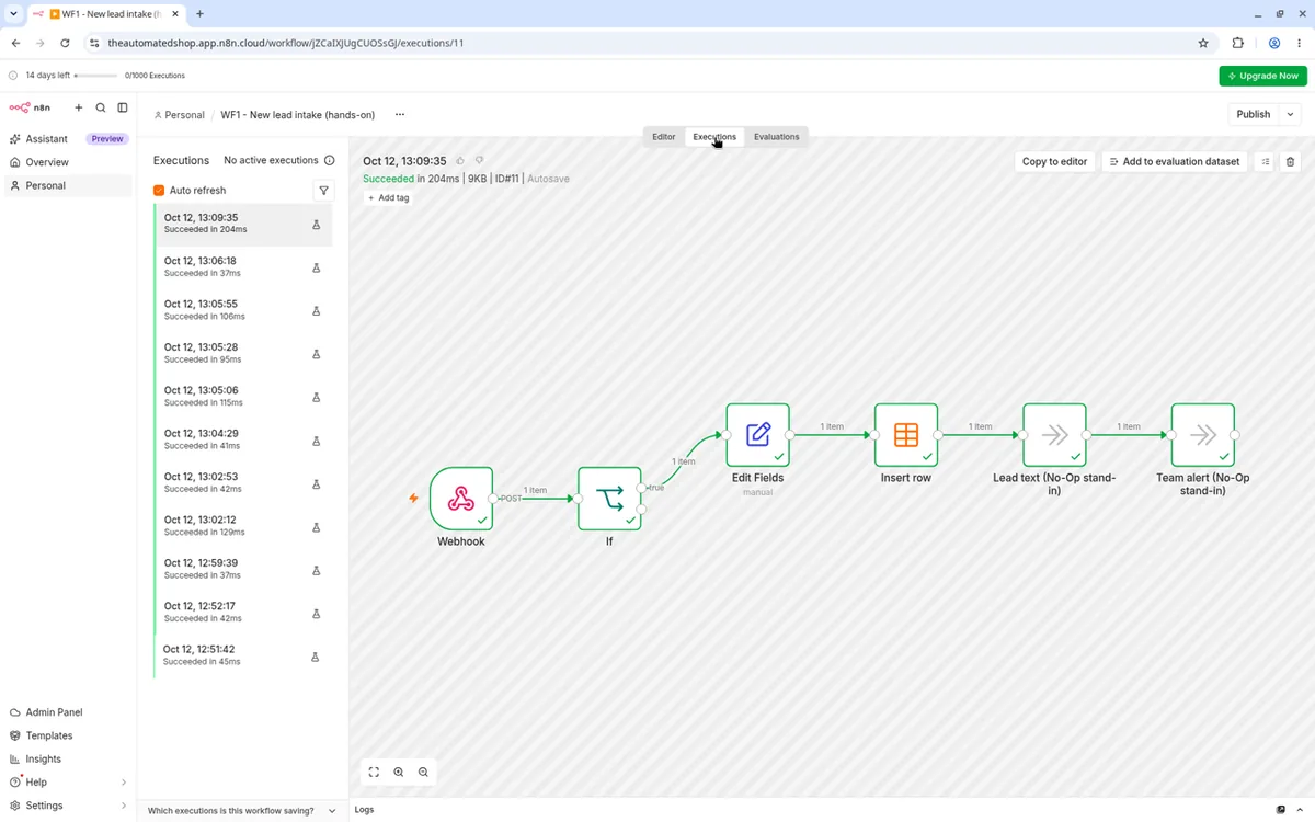 n8n editor after the successful end-to-end execution: Webhook, If, Edit Fields, Insert row, and two No-Op nodes, all green with one item on every connection
