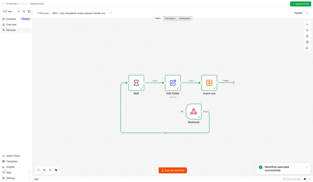 n8n editor after the successful Workflow 2 test run: Webhook, Wait, Edit Fields, and Insert row nodes all green with one item on each connection