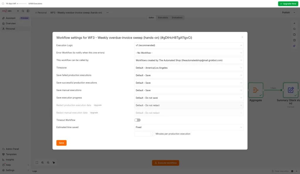 n8n Workflow Settings panel with the Timezone dropdown showing Default America/Los_Angeles