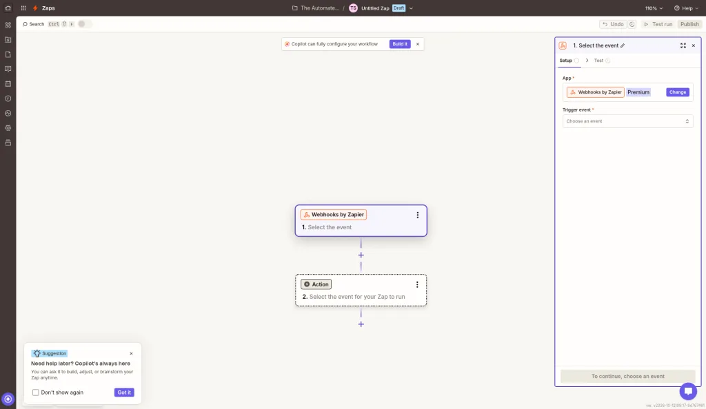 Zapier trigger app field showing Webhooks by Zapier with a Premium label next to it