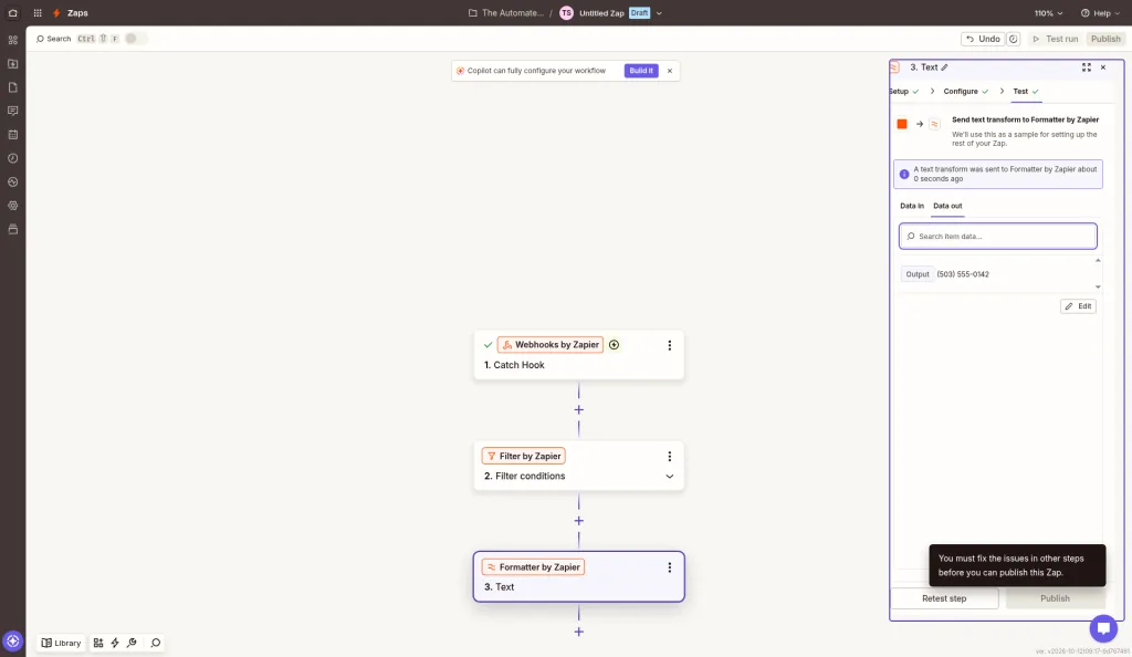 Zapier Formatter Extract Phone Number test output showing the phone still formatted as (503) 555-0142