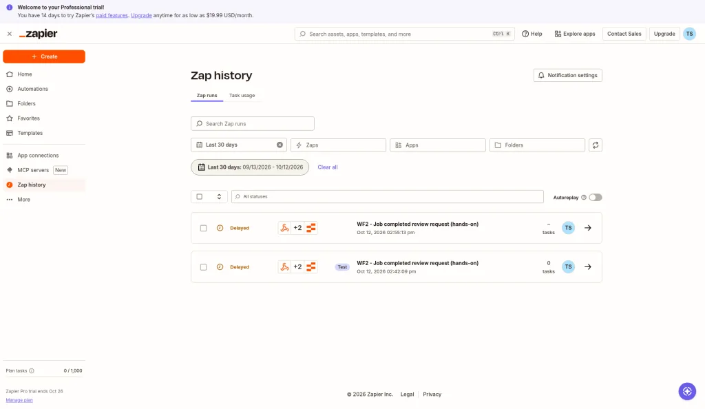 Zapier Zap history listing two Workflow 2 runs with the status Delayed: a live run at 2:55 PM and an earlier test run, with 0 of 1,000 plan tasks used