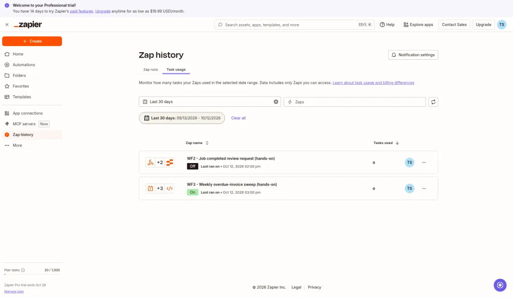 Zapier Task usage page showing Plan tasks at 20 of 1,000 after the Workflow 3 replay