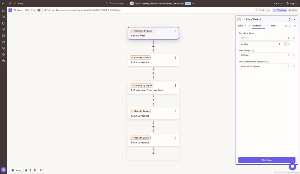 Zapier Schedule by Zapier step set to Every Week, Monday, 8:00 AM, with Timezone Override America/Los_Angeles